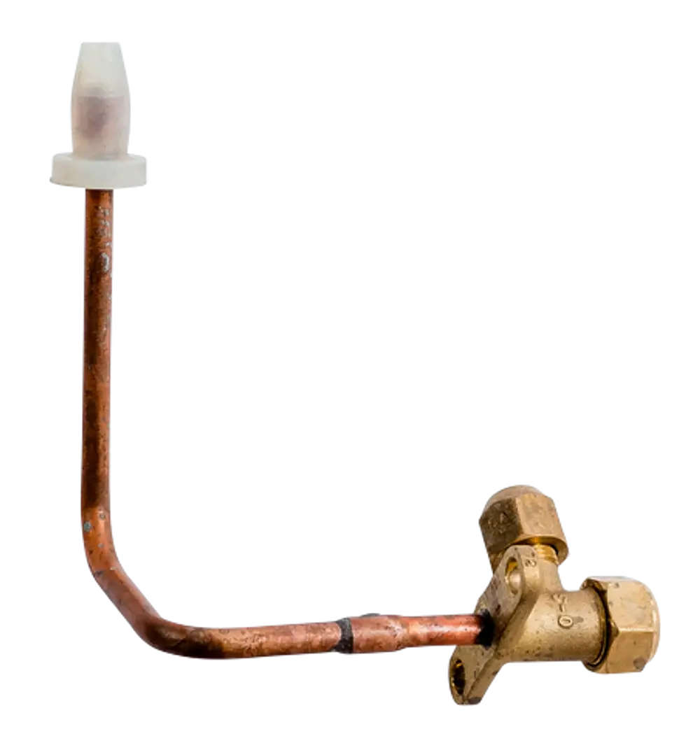 Absperrhahn für Flüssigkeitsleitung, aus Kupfer und Messing, geeignet für die Anwendung in Heizsystemen der Marke Wolf.